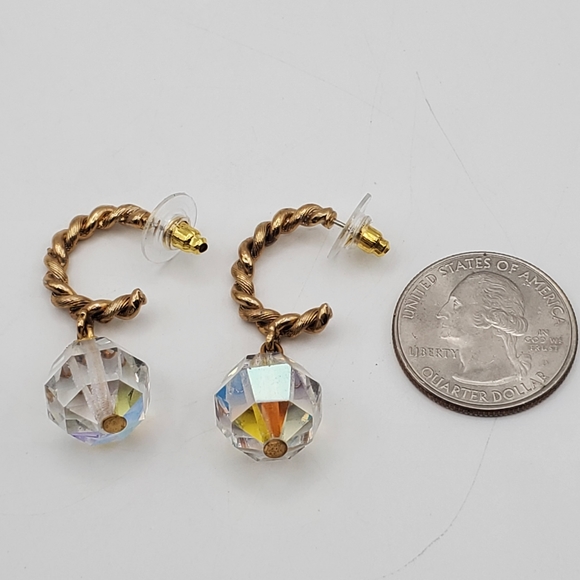 AB Crystal Faceted Bead Hoop Earrings Twisted Gold Tone Pierced Drop Dangle - Picture 5 of 6